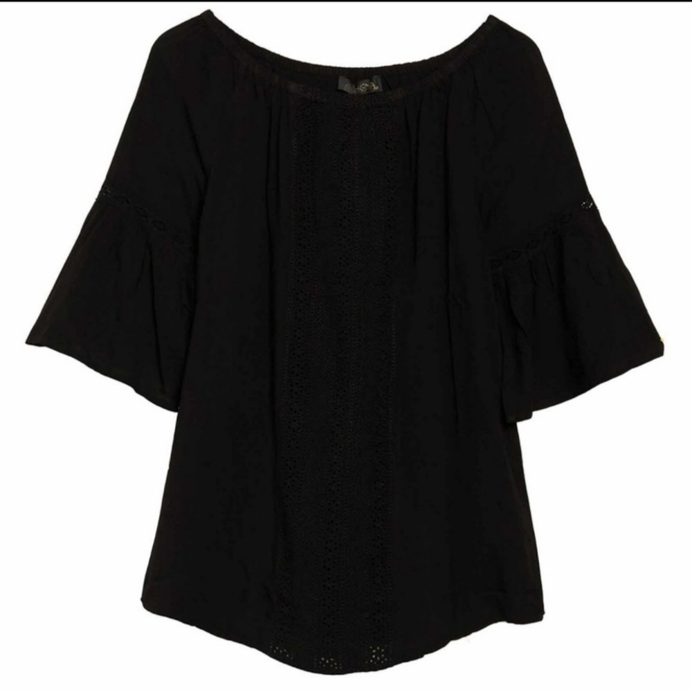 Black Off Shoulder Bell Sleeve Crochet Accent Dress